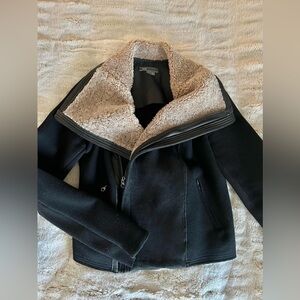 Vince Black Wool Jacket with Brown Shearling Collar and Leather Trim Size S